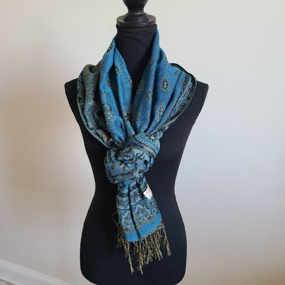 Pashmina Shawl Scarf Cashmere Silk Teal Blue Turquoise Black Paisley Wrap 68x26 - Picture 3 of 7